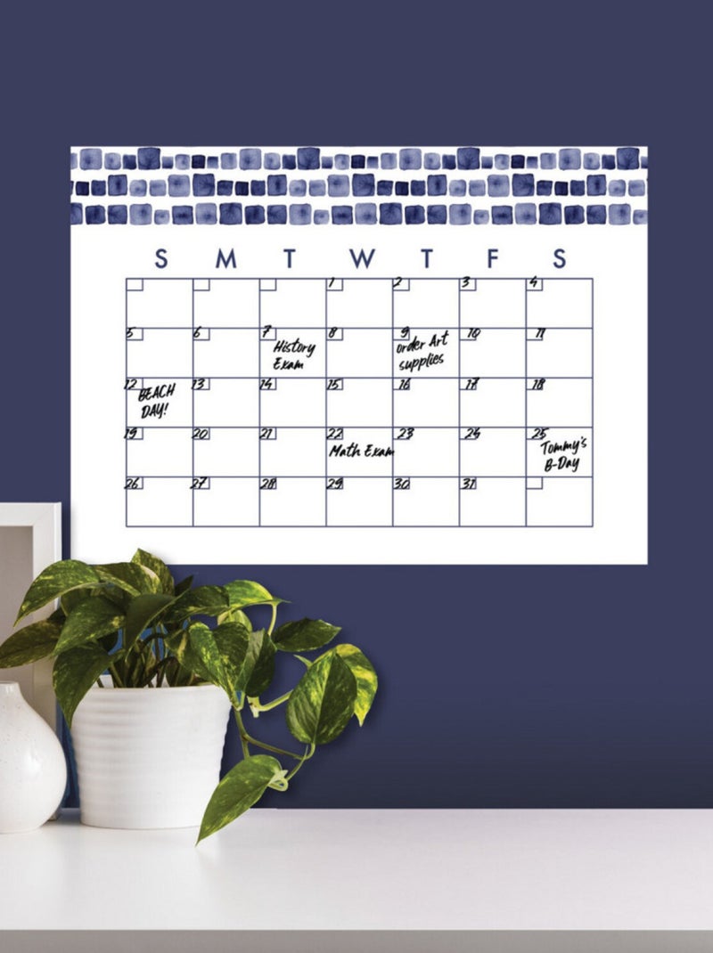 Sticker Mural Calendrier Mensuel Aquarelle Bleu Personnalisable et effaçable à sec Bleu - Kiabi