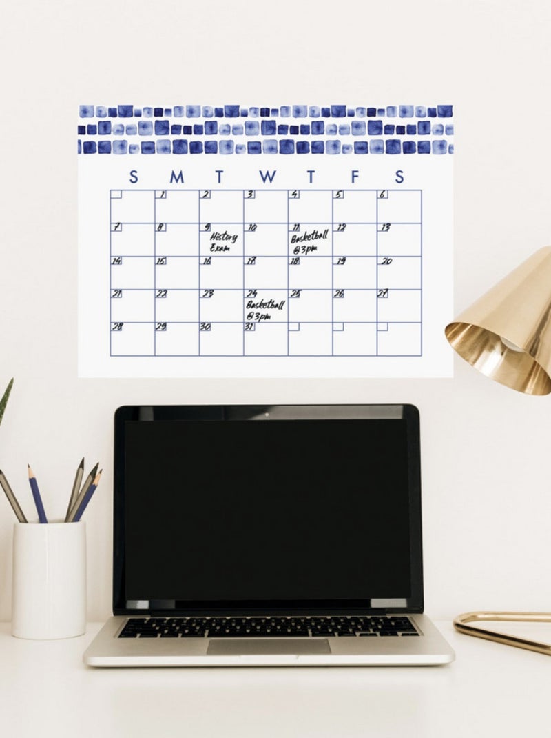 Sticker Mural Calendrier Mensuel Aquarelle Bleu Personnalisable et effaçable à sec Bleu - Kiabi