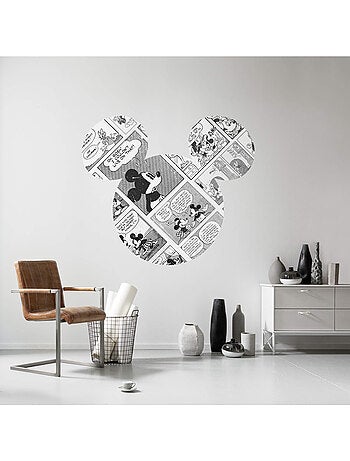 Sticker Mural Géant - Tête de Mickey agencée avec la BD de Mickey Mouse en noir et blanc- 125 x 125