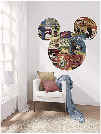Sticker Mural Géant - Tête de Mickey agencée avec les anciennes BD de Mickey Mouse - 125 x 125 cm