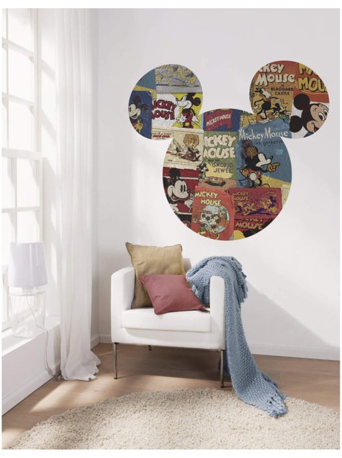 Sticker Mural Géant - Tête de Mickey agencée avec les anciennes BD de Mickey Mouse - 125 x 125 cm - Kiabi