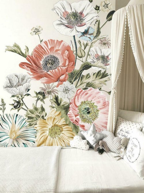 Sticker mural géant Pavot Floral Vintage - Kiabi