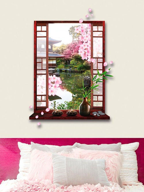 Sticker mural jardin et cerisier en trompe lil - Kiabi