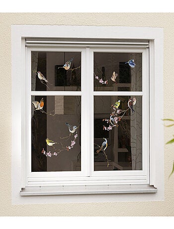 Sticker mural oiseaux colorés sur branche - 31 x 31 cm