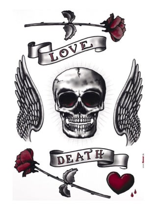 Sticker mural tête de mort et roses, avec écriture -love et death - 50x70 cm