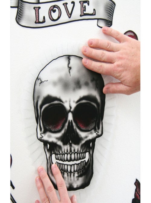 Sticker mural tête de mort et roses, avec écriture -love et death - 50x70 cm - Kiabi