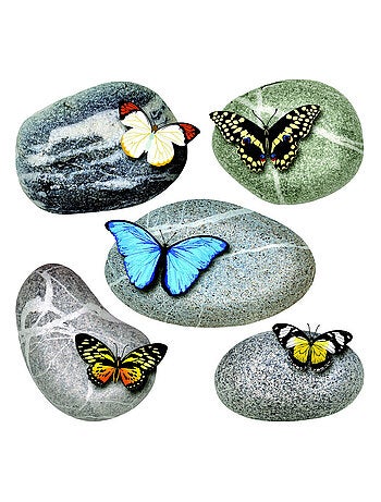 Sticker Papillons sur pierres de plage - 1 planche 30 x 30 cm
