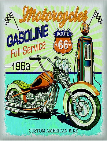 Sticker Vintage moto route 66 avec pompe à essence - 1 planche 30 x 30 cm