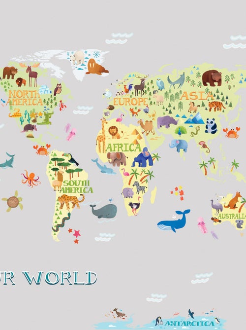 Stickers - Carte Du Monde Pour Enfants - Hauteur 92.71 cm - Kiabi