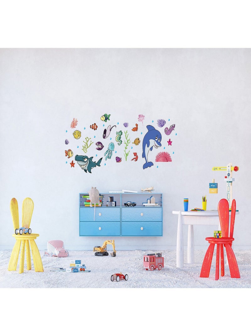 Stickers - Dauphin et monde sous marin - 1 planche 65x85 cm Bleu - Kiabi