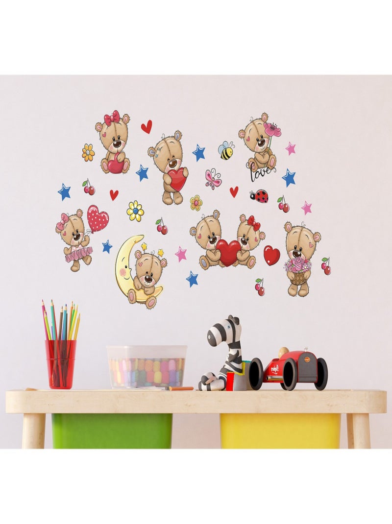 Stickers -  Doudous avec des cœurs et la lune- 1 planche 30 x 30 cm Multicolore - Kiabi