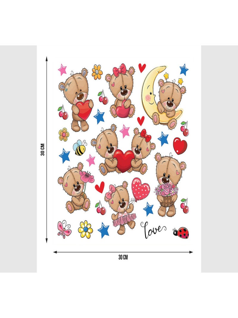 Stickers -  Doudous avec des cœurs et la lune- 1 planche 30 x 30 cm Multicolore - Kiabi