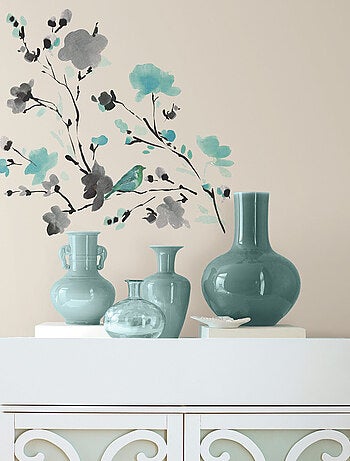 Stickers - Fleurs Bleues Grises - Hauteur 45,7 cm