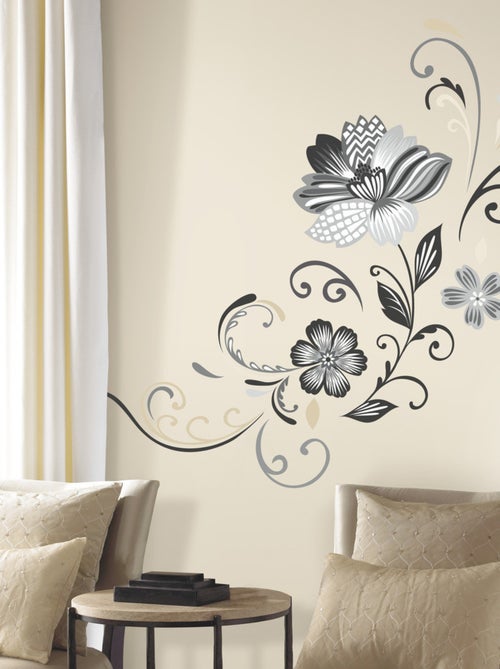Stickers - Fleurs Noires Et Blanches - Hauteur 45,7 cm - Kiabi