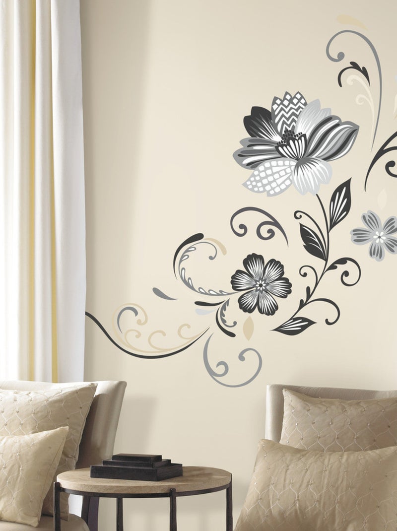 Stickers - Fleurs Noires Et Blanches - Hauteur 45,7 cm Multicolore - Kiabi