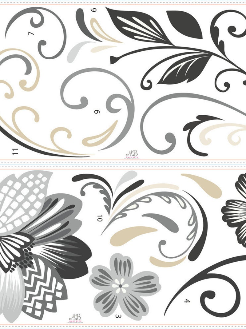 Stickers - Fleurs Noires Et Blanches - Hauteur 45,7 cm Multicolore - Kiabi