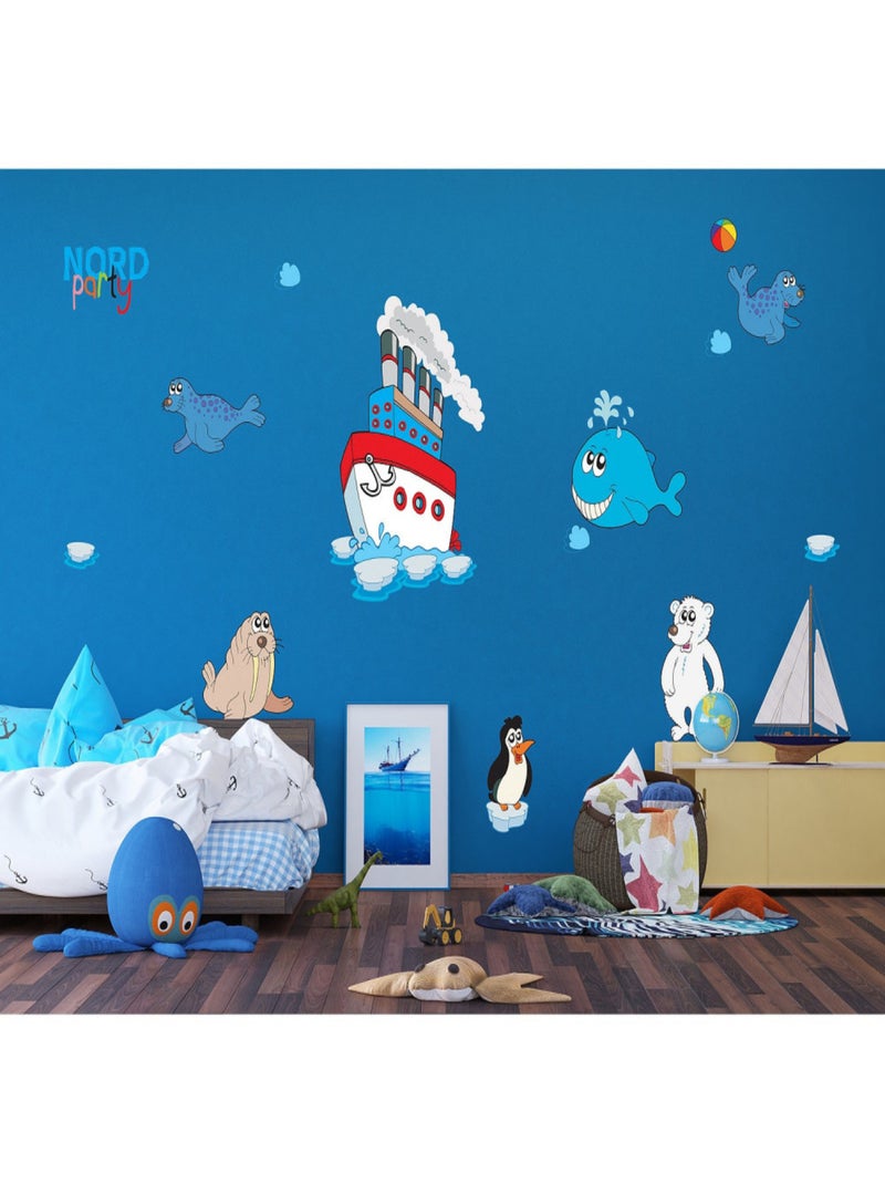 Stickers - Grand Nord Party Animaux Marins - 1 planche 65x85 cm Bleu - Kiabi
