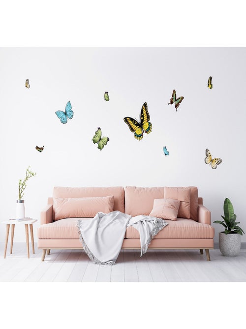 Stickers - Papillons Jaunes Verts et Bleus - 1 planche 65x85 cm - Kiabi
