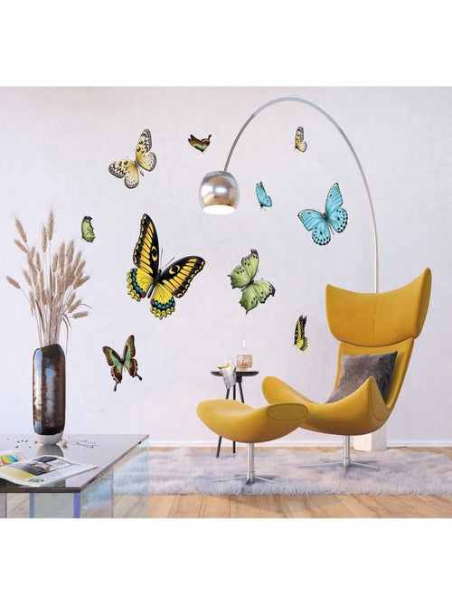 Stickers - Papillons Jaunes Verts et Bleus - 1 planche 65x85 cm - Kiabi