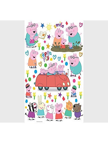 Stickers - Peppa pig et sa famille en voiture - 1 planche 65x85 cm