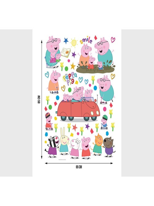 Stickers - Peppa pig et sa famille en voiture - 1 planche 65x85 cm - Kiabi