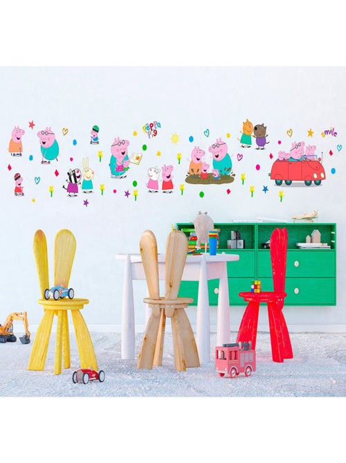 Stickers - Peppa pig et sa famille en voiture - 1 planche 65x85 cm - Kiabi