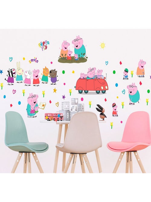 Stickers - Peppa pig et sa famille en voiture - 1 planche 65x85 cm - Kiabi