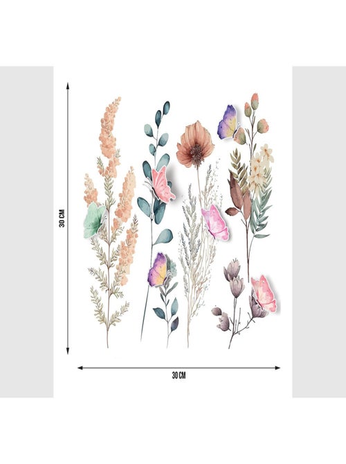 Stickers - Plantes avec papillons roses - 1 planche 30x30cm - Kiabi