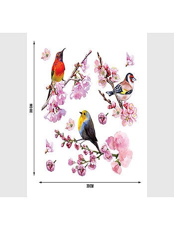 Stickers 3 oiseaux posés sur des fleurs de Sakura - 1 planche 30x30cm