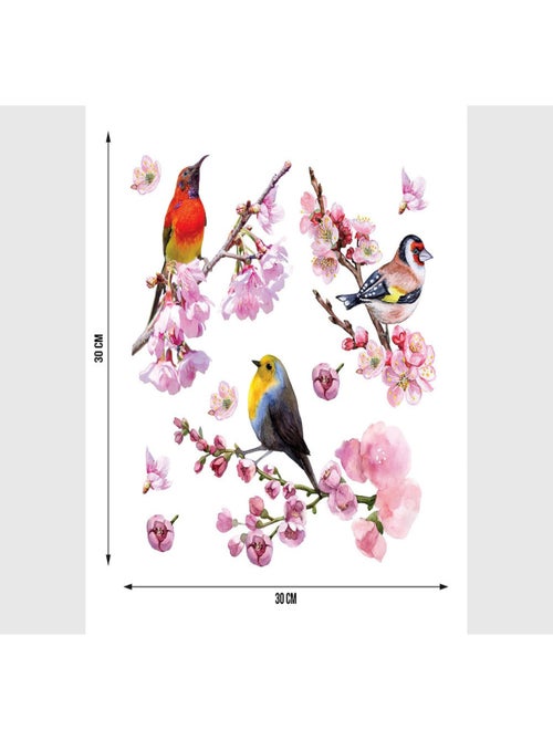 Stickers 3 oiseaux posés sur des fleurs de Sakura - 1 planche 30x30cm - Kiabi