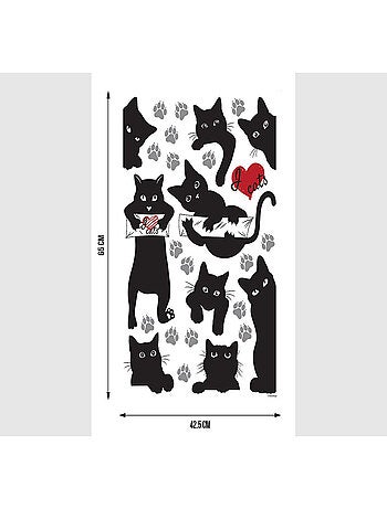 Stickers Animaux - Chats Noirs avec Cœur Rouge - 1 planche 42,5 x 65 cm
