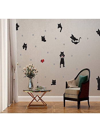 Stickers Animaux - Chats Noirs avec Cœur Rouge - 1 planche 42,5 x 65 cm