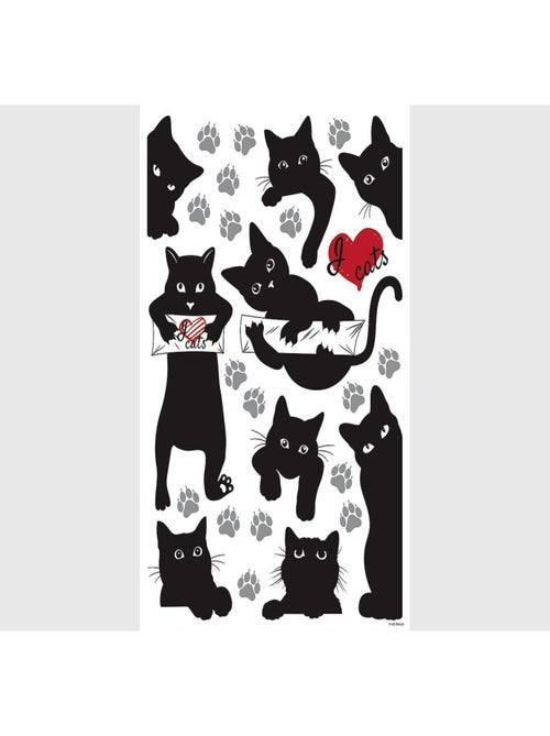 Stickers Animaux - Chats Noirs avec Cœur Rouge - 1 planche 42,5 x 65 cm - Kiabi