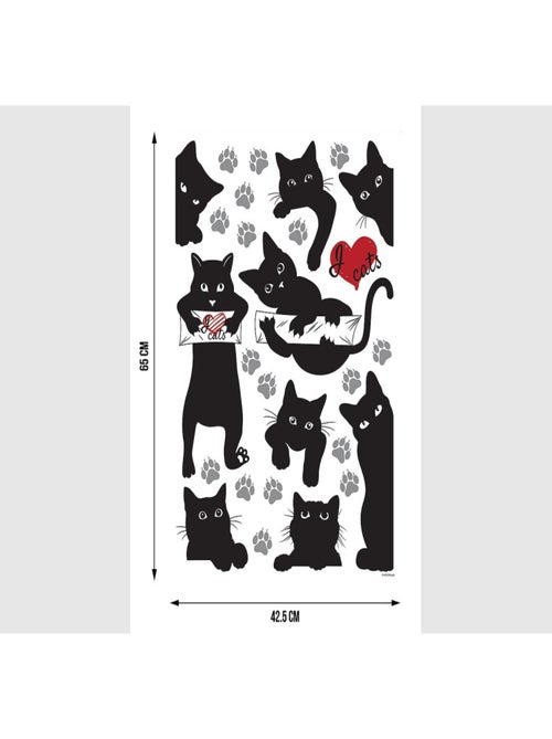 Stickers Animaux - Chats Noirs avec Cœur Rouge - 1 planche 42,5 x 65 cm - Kiabi