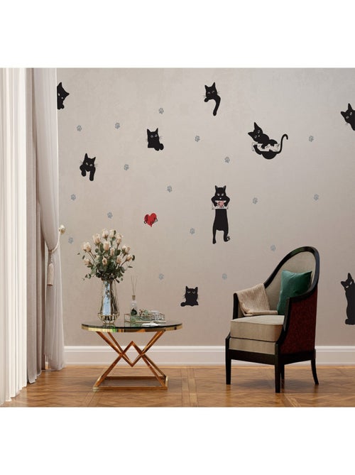 Stickers Animaux - Chats Noirs avec Cœur Rouge - 1 planche 42,5 x 65 cm - Kiabi