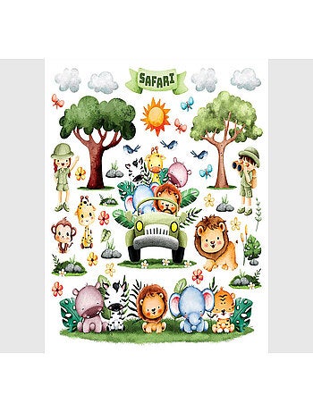 Stickers Animaux dans une voiture avec 2 arbres - 1 planche 30x30 cm