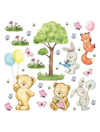Stickers animaux de la foret ourson, renard, lapin - 1 planche 30x30cm