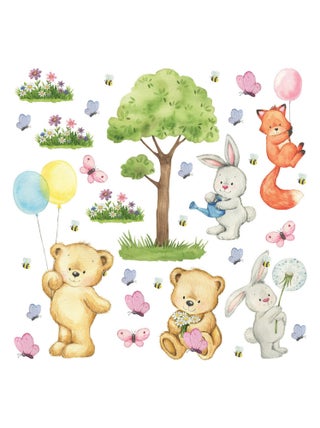 Stickers animaux de la foret ourson, renard, lapin - 1 planche 30x30cm
