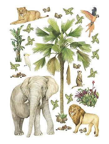 Stickers animaux de la jungle : éléphant, lion, perroquet - 1 planche 30x30cm