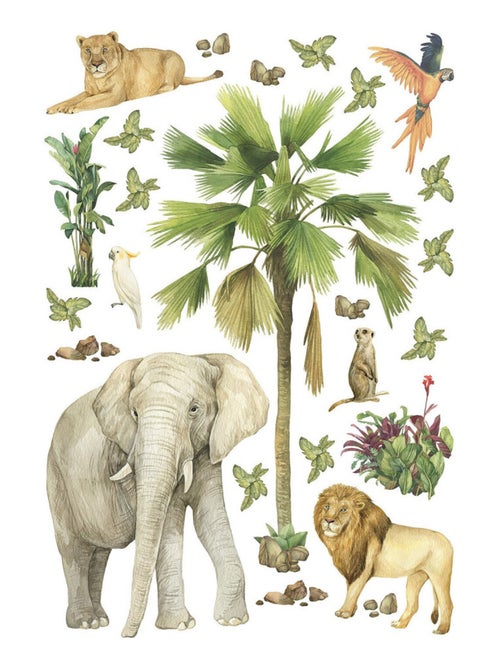 Stickers animaux de la jungle : éléphant, lion, perroquet - 1 planche 30x30cm - Kiabi