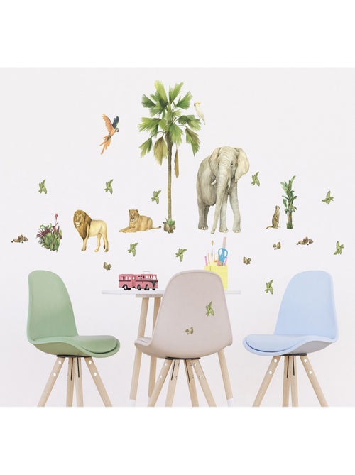 Stickers animaux de la jungle : éléphant, lion, perroquet - 1 planche 30x30cm - Kiabi