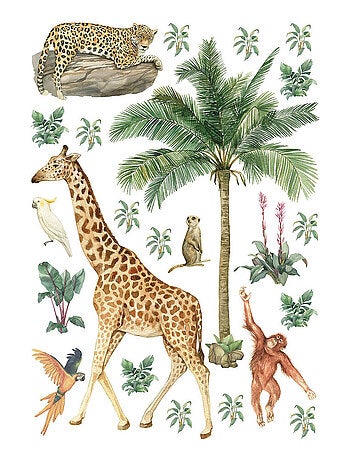 Stickers animaux de la jungle : girafe, singe et oiseaux - 1 planche 42,5 x 65 cm
