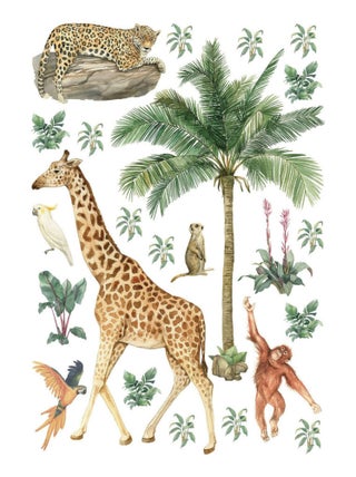 Stickers animaux de la jungle : girafe, singe et oiseaux - 1 planche 42,5 x 65 cm