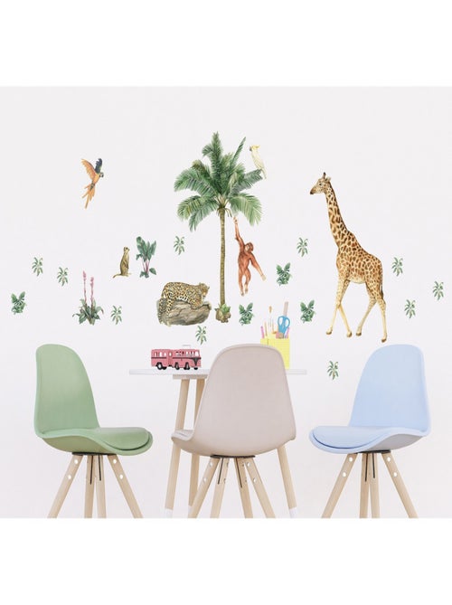 Stickers animaux de la jungle : girafe, singe et oiseaux - 1 planche 42,5 x 65 cm - Kiabi