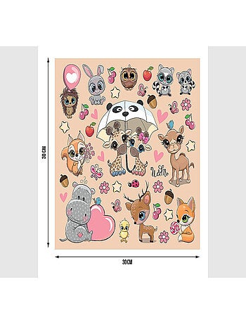 Stickers Animaux mignons - Girafe, Hiboux, Renard, Lapin - 1 planche 30x30cm