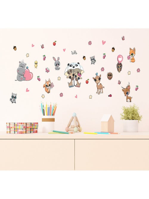 Stickers Animaux mignons - Girafe, Hiboux, Renard, Lapin - 1 planche 30x30cm - Kiabi