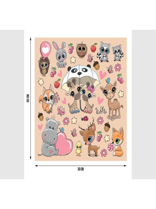 Stickers Animaux mignons - Girafe, Hiboux, Renard, Lapin - 1 planche 30x30cm - Kiabi