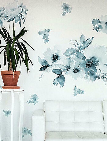 Stickers aquarelle florale géante bleue