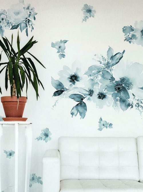 Stickers aquarelle florale géante bleue - Kiabi