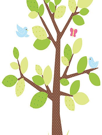 Stickers arbre style pastel, oiseaux bleus et papillons colorés